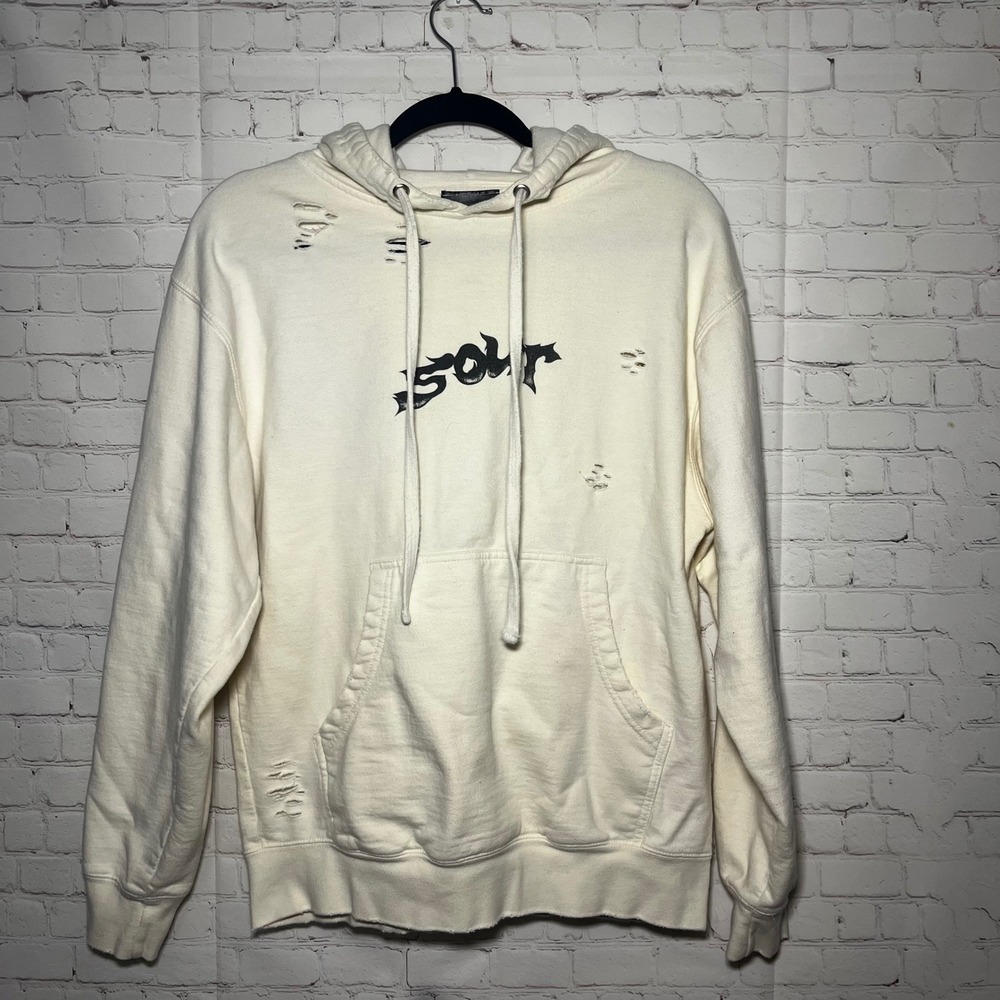 ✨Olivia Rodrigo Sour Tour Cream Distressed Hoodie Fairy Art Wings Pullover Sz M - Picture 2 of 9